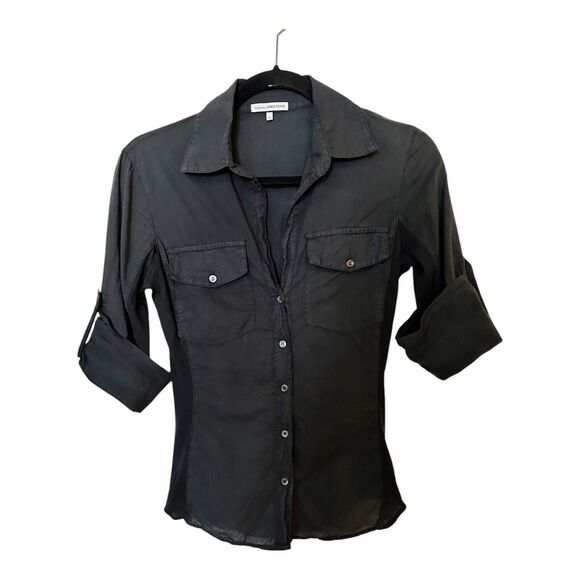 James Perse Sheer Slub Side Panel Button Down Shirt Roll Tab Sleeve Black Sz 1/S - Picture 1 of 6